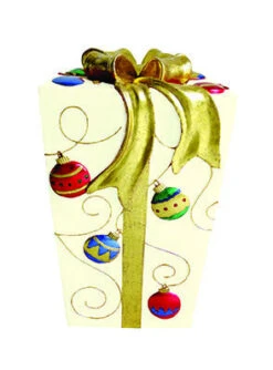 Decorative Lit Fiberglass Gift Box With Ornament Design -Commercial Christmas Supply Fiberglass Present White Ornaments