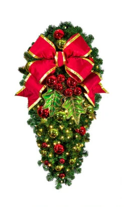 Decorated 4' Holly Leaf Spray With 18" Red Bow